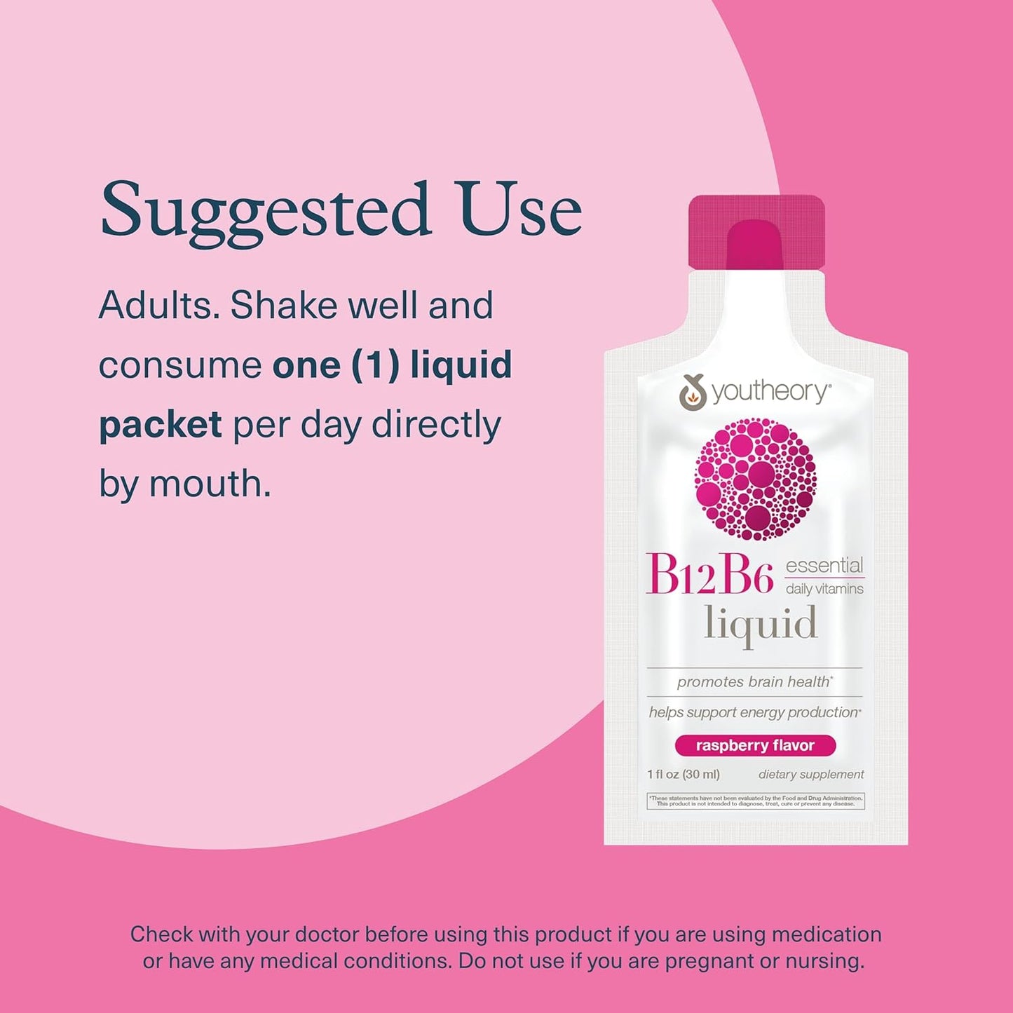 Liquid Raspberry Youtheory Vitamin B12 B6 Supplement for Daily Energy & Brain Support - 1oz Packets (12 Count)