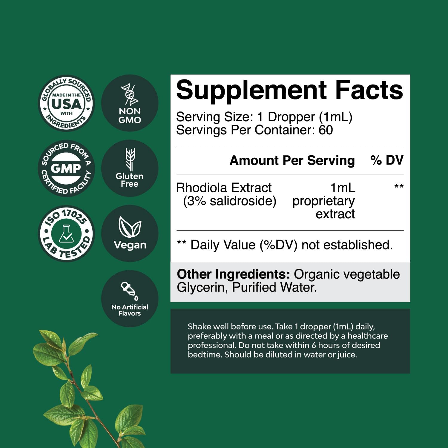 Liquid Rhodiola Rosea Supplement - High Potency Tincture for Stress, Energy, and Mood Support - 3% Salidrosides Extract - Vegan, Non-GMO, Alcohol-Free - 120 Servings