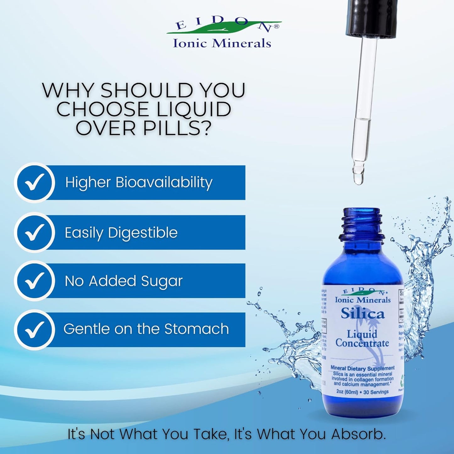 Liquid Silica Mineral Concentrate & Electrolyte Drink Mix - Hair, Skin, Nails Supplement, Unsweetened Drops for Water, Non GMO & Sugar-Free