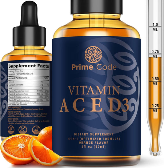 Liquid Vitamin A Supplement with Vitamin C, E, and D3 for Adults - Non-GMO Drops for Immune Support & Faster Absorption - Natural Orange Flavor - 2500 IU - Men & Women