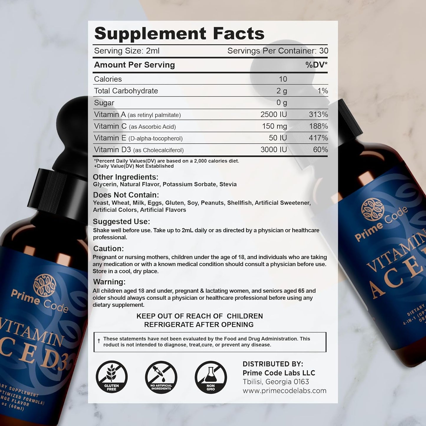 Liquid Vitamin A Supplement with Vitamin C, E, and D3 for Adults - Non-GMO Drops for Immune Support & Faster Absorption - Natural Orange Flavor - 2500 IU - Men & Women