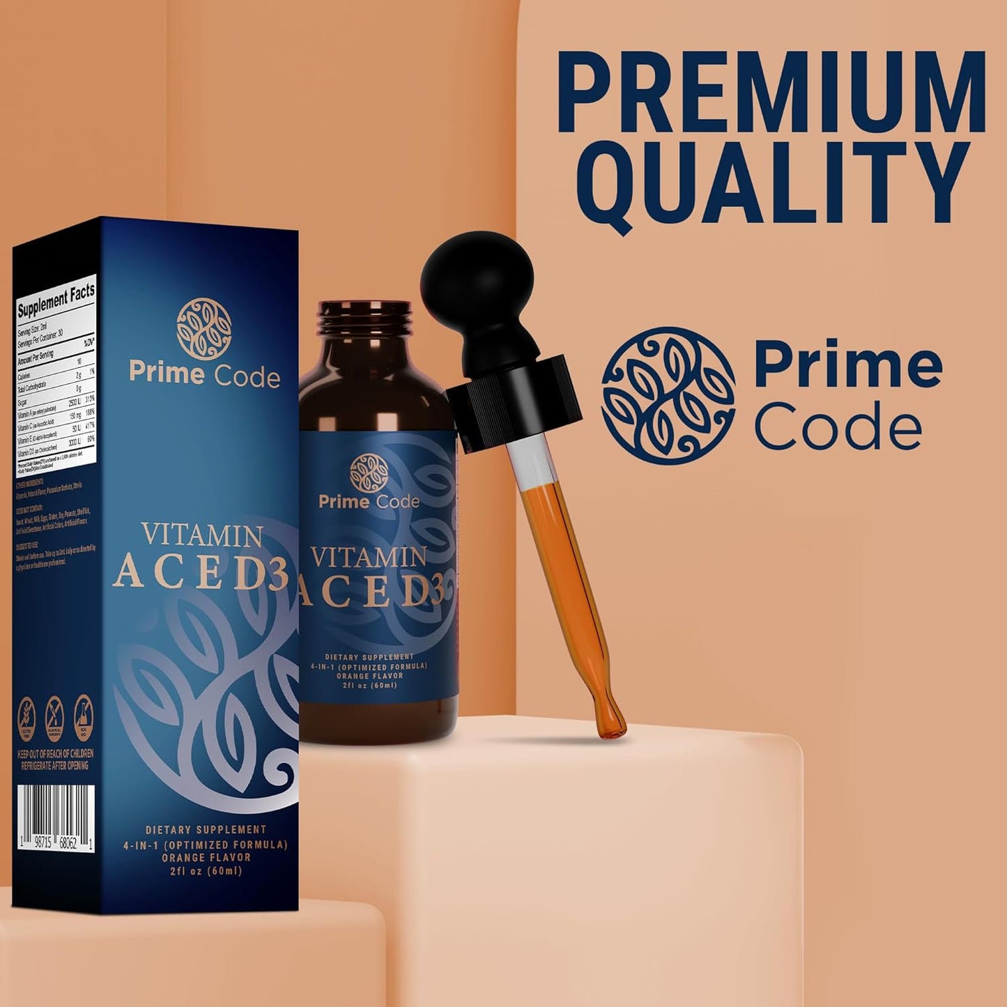 Liquid Vitamin A Supplement with Vitamin C, E, and D3 for Adults - Non-GMO Drops for Immune Support & Faster Absorption - Natural Orange Flavor - 2500 IU - Men & Women