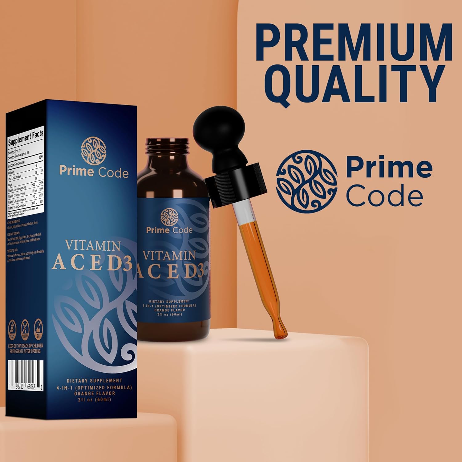 Liquid Vitamin A Supplement with Vitamin C, E, and D3 for Adults - Non-GMO Drops for Immune Support & Faster Absorption - Natural Orange Flavor - 2500 IU - Men & Women