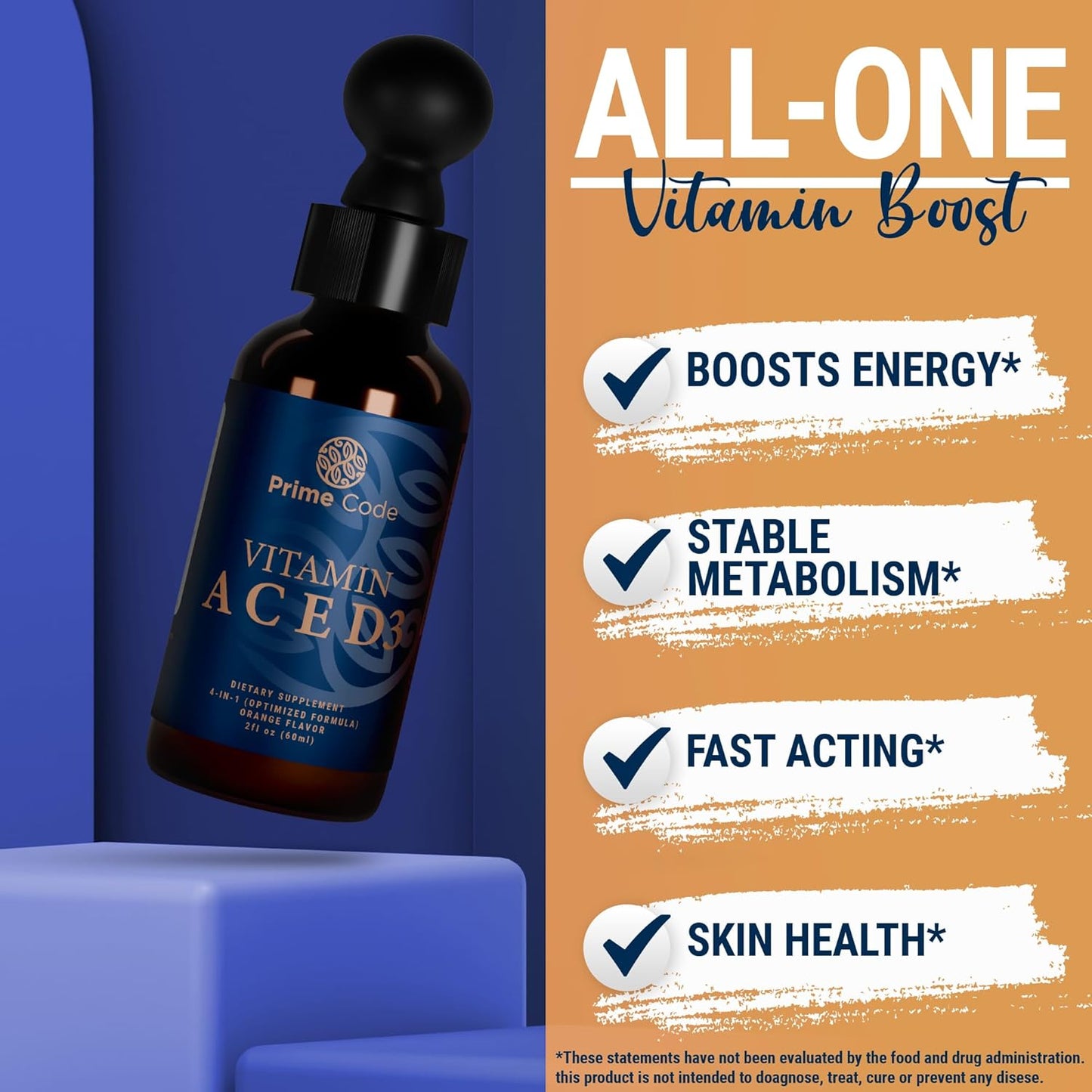 Liquid Vitamin A Supplement with Vitamin C, E, and D3 for Adults - Non-GMO Drops for Immune Support & Faster Absorption - Natural Orange Flavor - 2500 IU - Men & Women