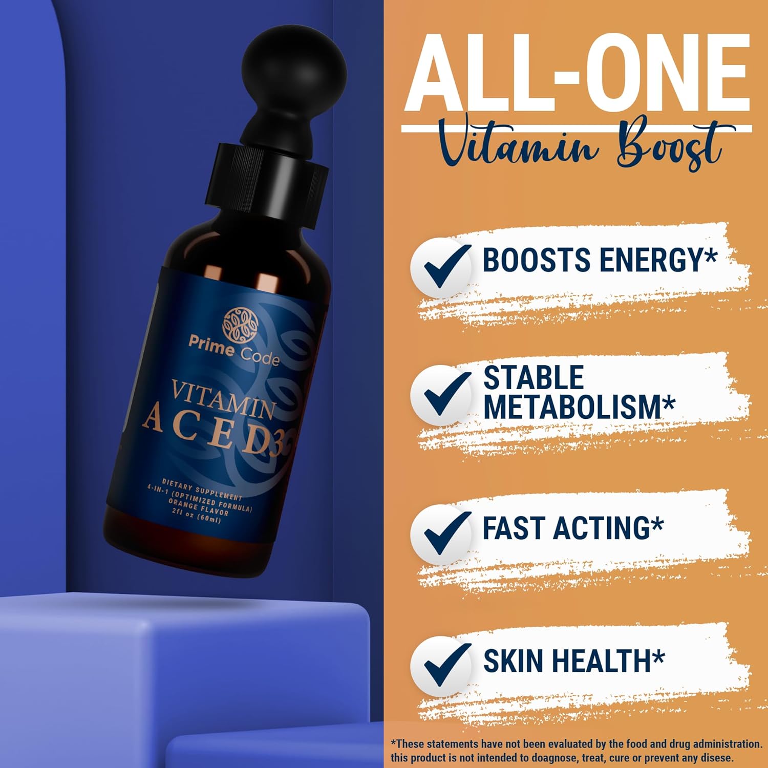 Liquid Vitamin A Supplement with Vitamin C, E, and D3 for Adults - Non-GMO Drops for Immune Support & Faster Absorption - Natural Orange Flavor - 2500 IU - Men & Women