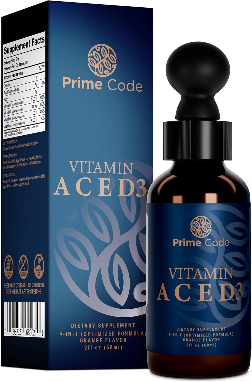 Liquid Vitamin A Supplement with Vitamin C, E, and D3 for Adults - Non-GMO Drops for Immune Support & Faster Absorption - Natural Orange Flavor - 2500 IU - Men & Women
