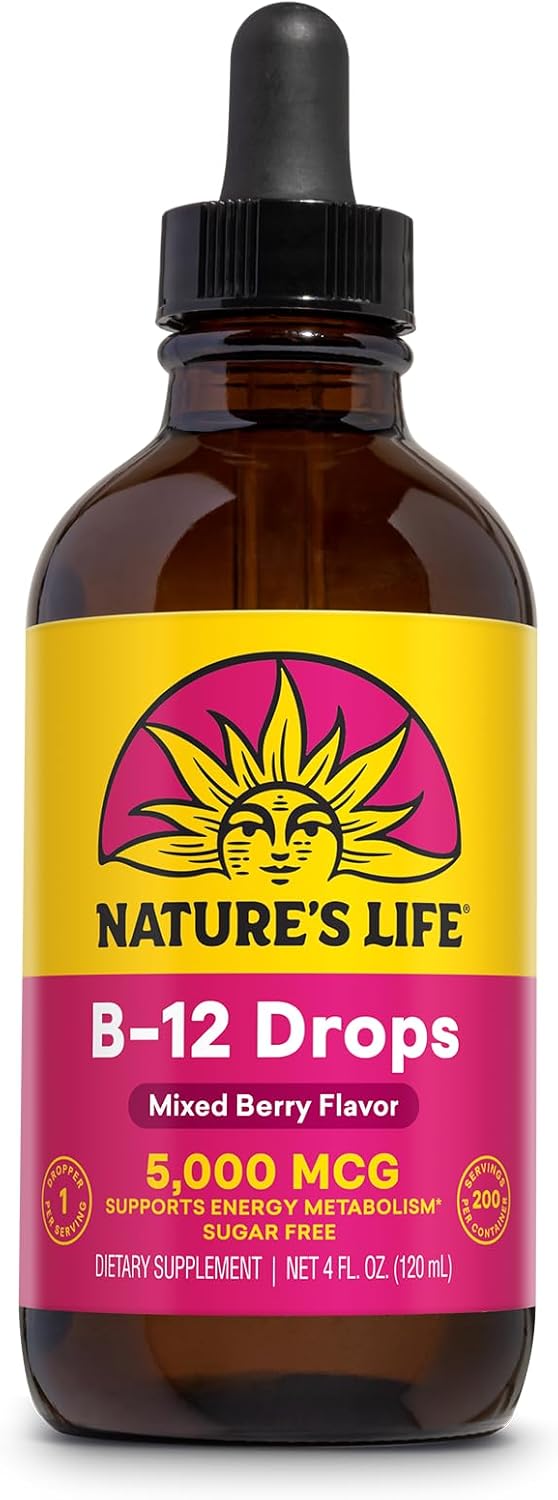 Liquid Vitamin B12 Methylcobalamin Drops - 5000 mcg Natural Mixed Berry Supplement for Energy, Nerve Function, Red Blood Cells - Sugar Free, 200 Servings, 4oz