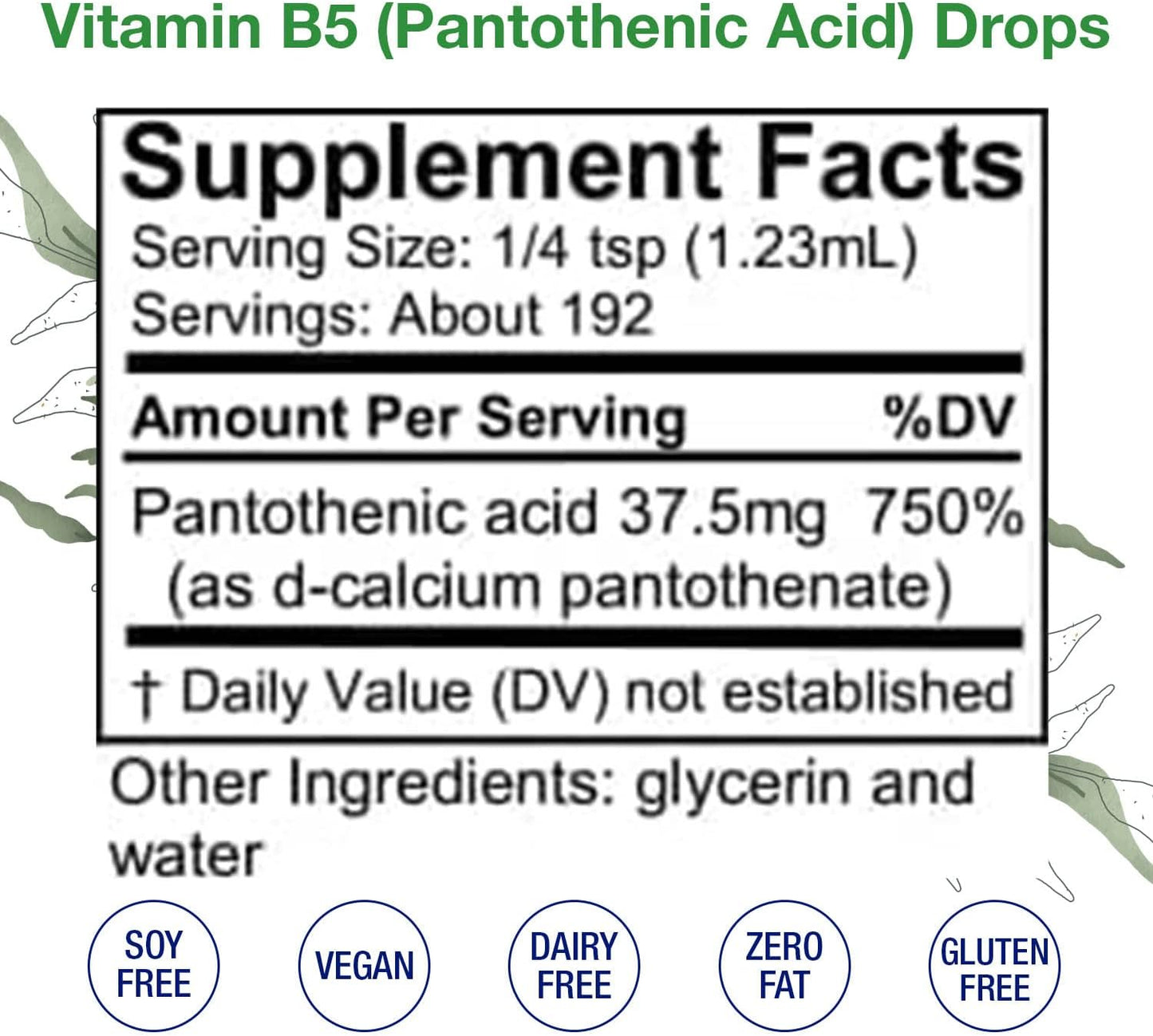 Liquid Vitamin B5 Drops for Hormone Balance, Immune Support & Healthy Hair, Skin, Nails - Vegan & Alcohol-Free - 8 Fl Oz.