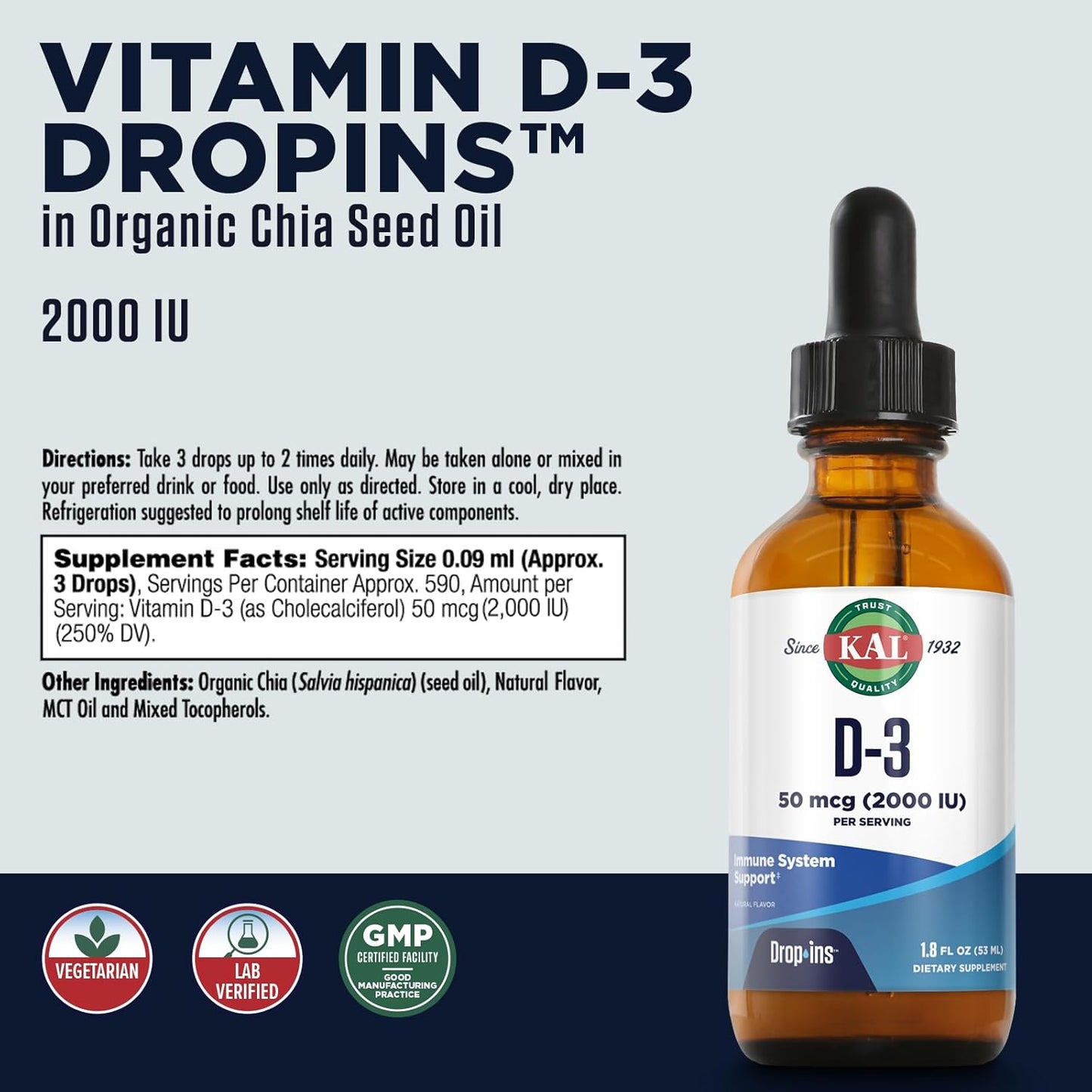 Liquid Vitamin D3 Drops for Bone Strength & Immune Support - 2000 IU (50 mcg) Vegetarian Supplement - 1.8oz Bottle, 60-Day Guarantee
