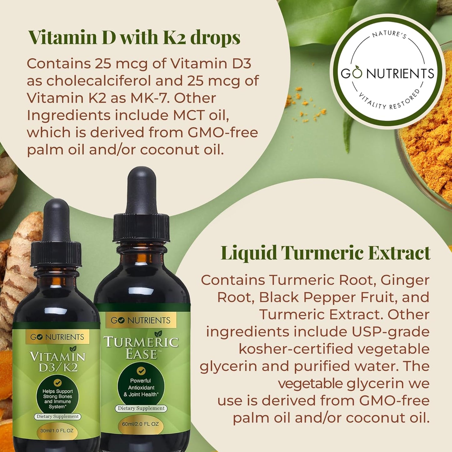 Liquid Vitamin D3 with K2 Drops & Turmeric Extract - Easy-to-Take Health Supplement with Black Pepper & Ginger