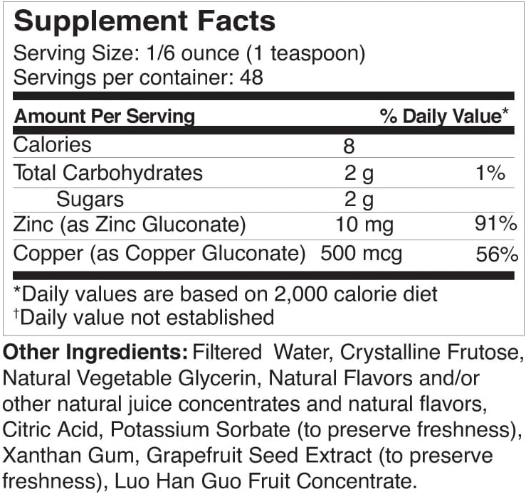 Liquid Zinc and Copper Supplements for Immune Support - High Absorption Formula - 8oz Bottle - Zinc Complex with Gluconate and Copper Gluconate for Health