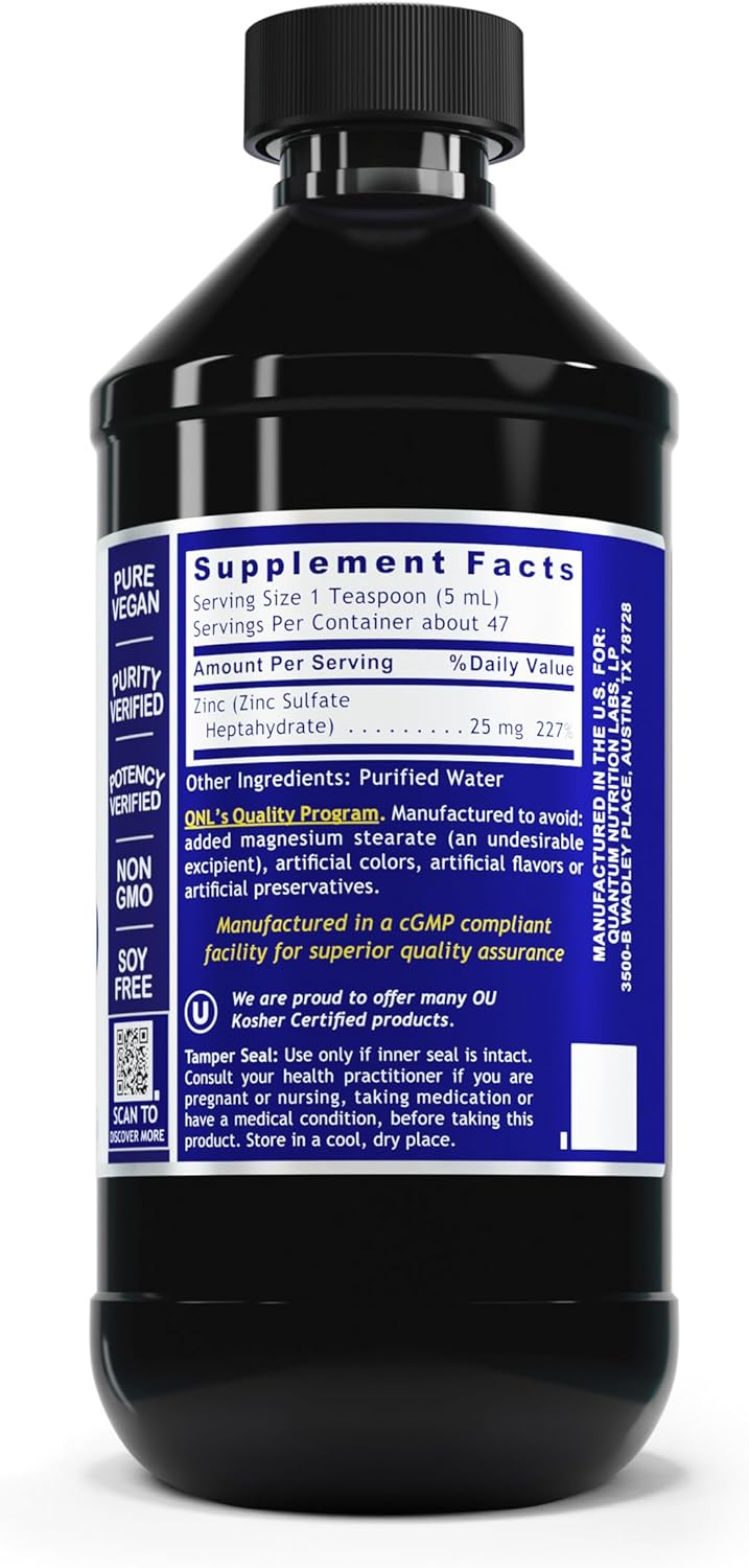 Liquid Zinc Drops - Quantum Nutrition Labs 25mg Zinc Sulfate Tincture for Adults - Immune Support & Metabolic Function - 8 Fl Oz