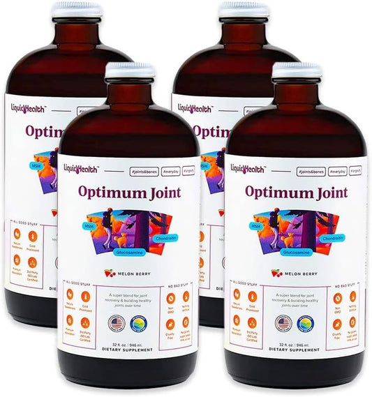 LIQUIDHEALTH Optimum Joint Support Supplement - Triple Strength Liquid Vitamins with Glucosamine, Chondroitin, MSM, and Hyaluronic Acid - Gluten-Free, Sugar-Free, Dairy-Free, Soy-Free - 4 Pack Joint Juice