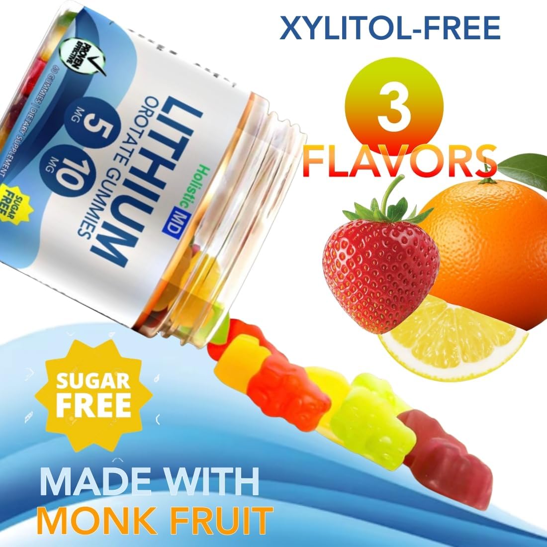 Lithium Orotate Gummies 5mg & 10mg | Men Women Kids | Clinically Studied Chelated High Bioavailability | 3 Flavors Vegan 60 ct