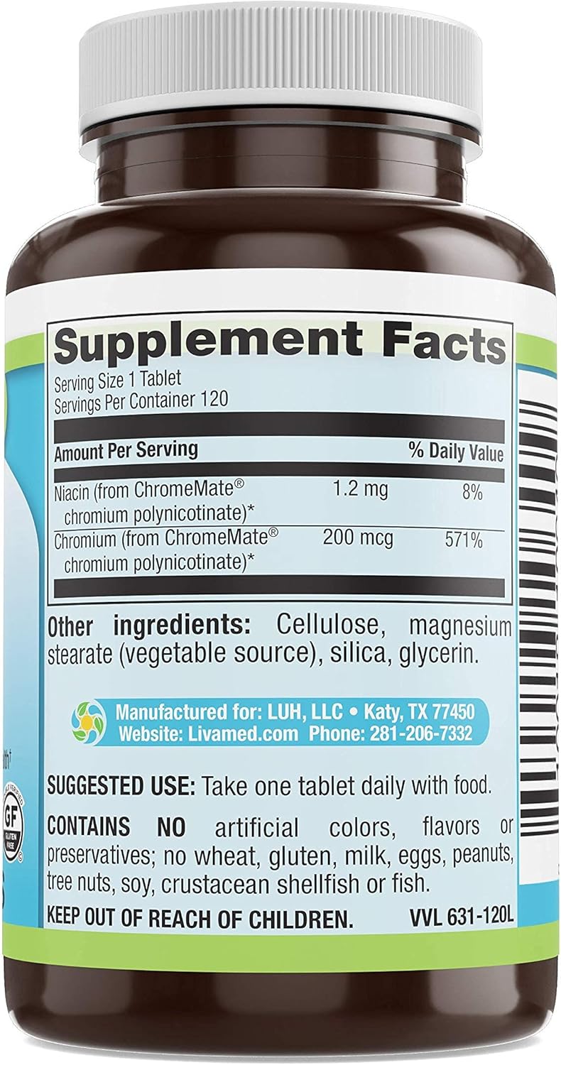 Livamed Chromium 200mcg Veg Tabs - ChromeMate GTF Supplement - 120 Count