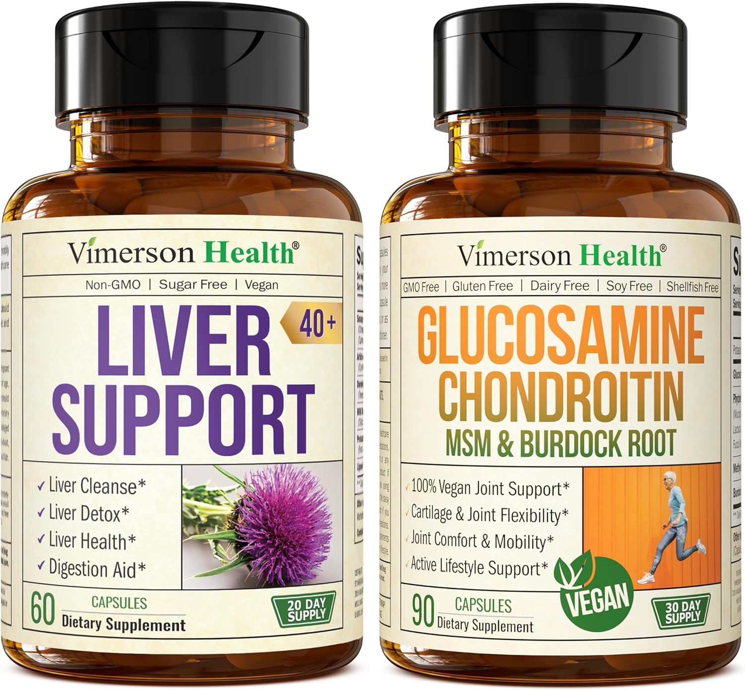Liver Cleanse Detox & Repair Milk Thistle Supplement + Joint Support Vegan Glucosamine Chondroitin MSM Supplement by Vimerson Health
