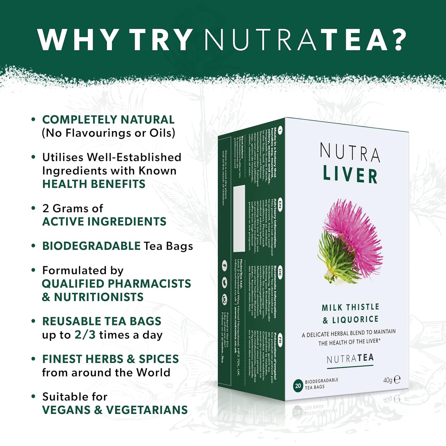 Liver Cleanse Tea with Milk Thistle & Turmeric - 60 Tea Bags - Herbal Detox Tea for Liver Support by Nutra Tea (3 Pack)