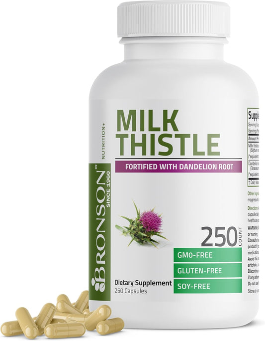 Liver Health Support: Bronson Milk Thistle & Dandelion Root Supplement - Antioxidant & Detox Support, 250 Capsules - BoostGo Australia