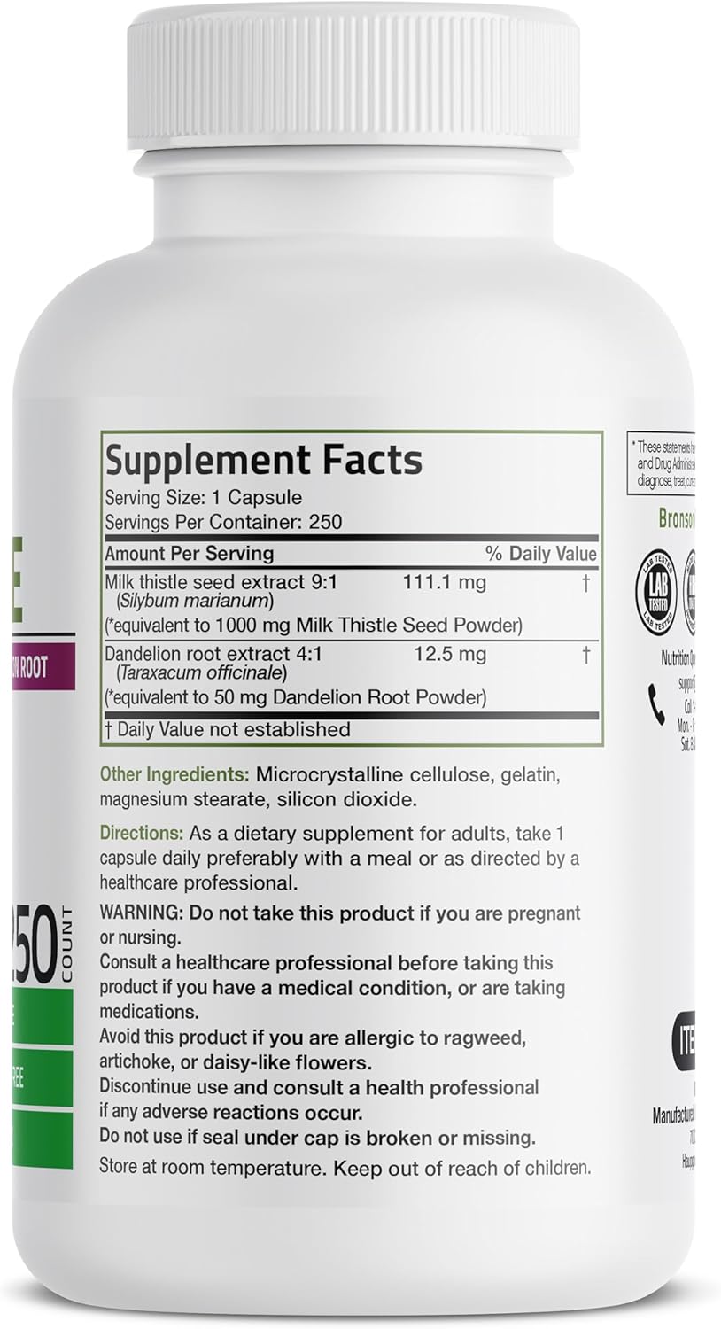 Liver Health Support: Bronson Milk Thistle & Dandelion Root Supplement - Antioxidant & Detox Support, 250 Capsules - BoostGo Australia