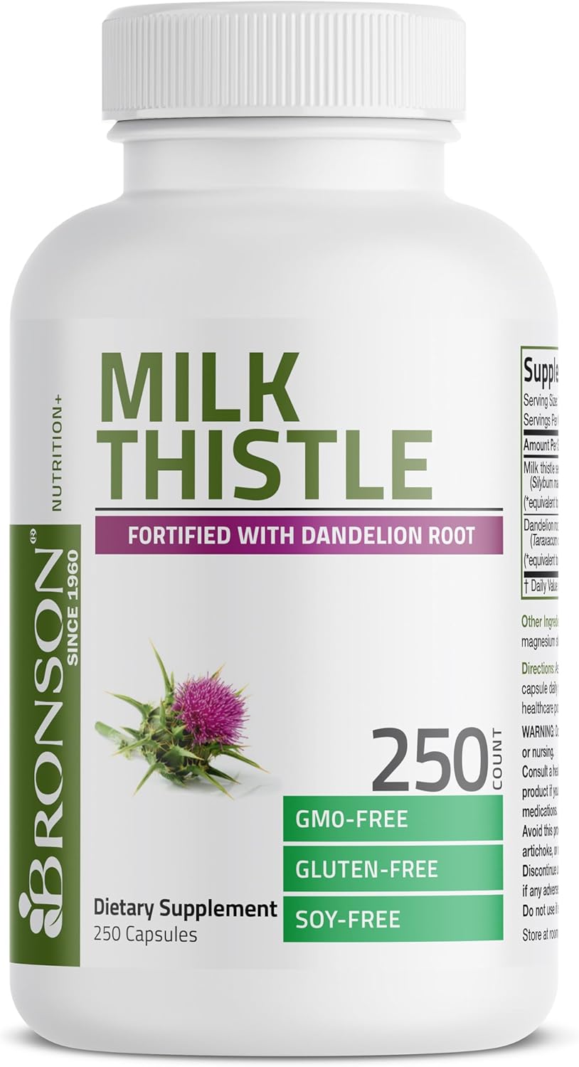 Liver Health Support: Bronson Milk Thistle & Dandelion Root Supplement - Antioxidant & Detox Support, 250 Capsules - BoostGo Australia