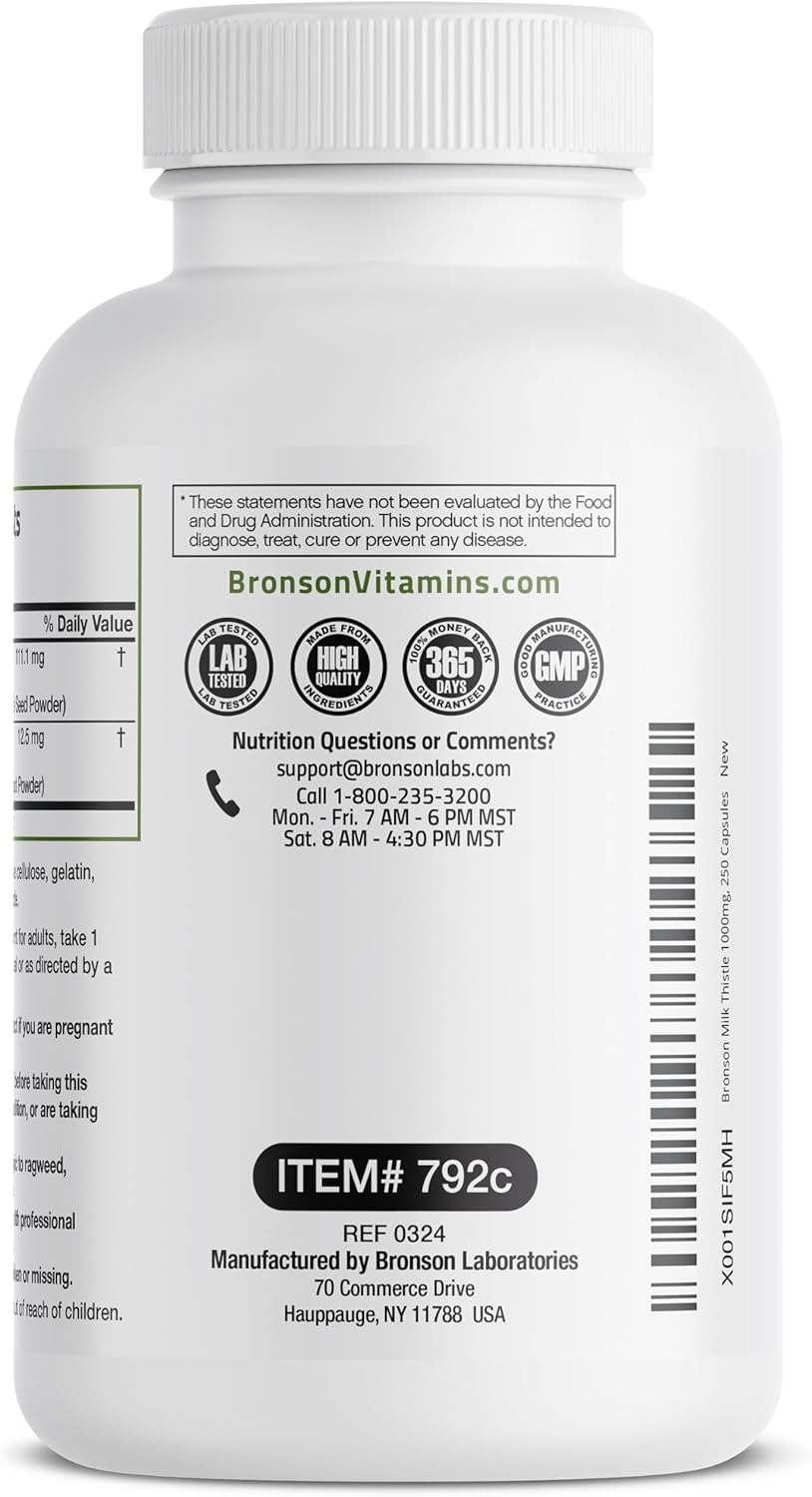 Liver Health Support: Bronson Milk Thistle & Dandelion Root Supplement - Antioxidant & Detox Support, 250 Capsules - BoostGo Australia