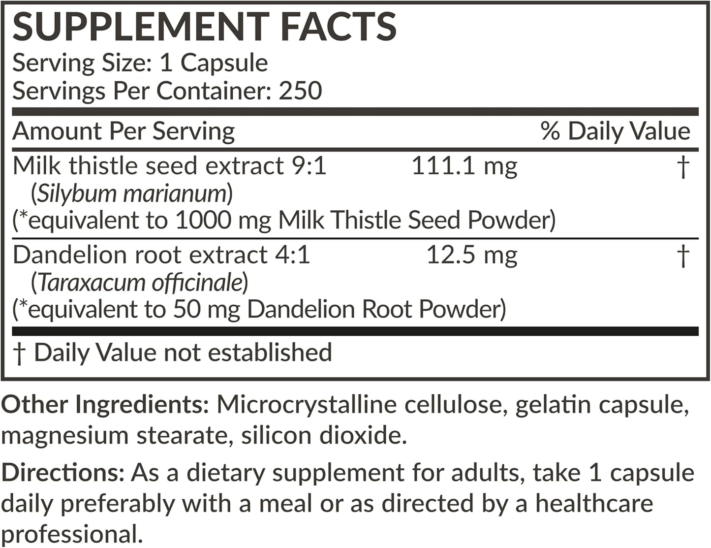Liver Health Support Capsules with Milk Thistle, Silymarin, Marianum, Dandelion Root - Antioxidant Detox Formula - 250 Count