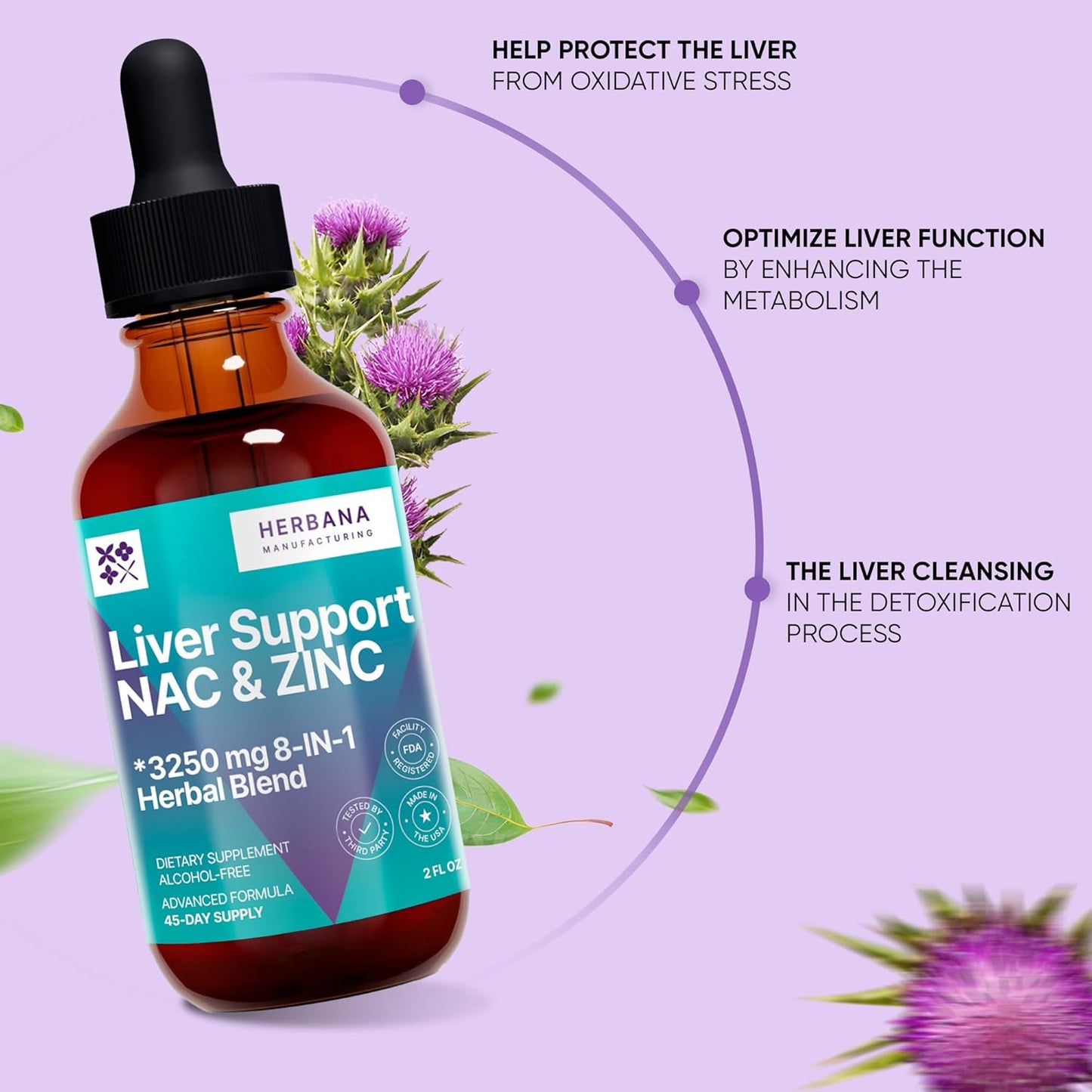 Liver Support Liquid Drops with NAC, Zinc, Milk Thistle, Dandelion Root, Turmeric - Detox Liver Cleanse Supplement