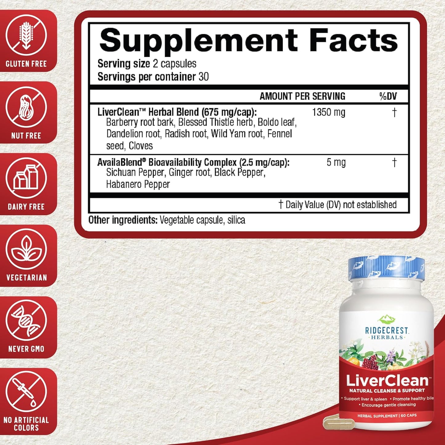 LiverClean Herbal Supplement for Liver Support with Blessed Thistle & Dandelion - Detox & Cleanse Support for Healthy Bile - 60 Capsules, 30 Servings