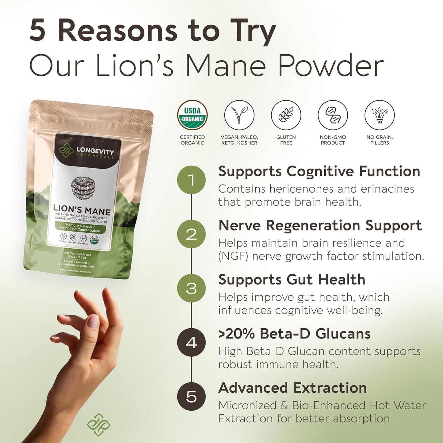 Longevity Botanicals Organic Lions Mane Mushroom Powder - 100% Fruiting Body - Enhanced Mental Clarity and Focus - 100g - BoostGo Australia