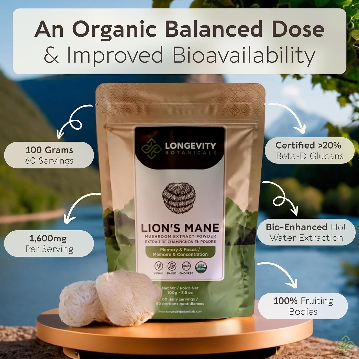 Longevity Botanicals Organic Lions Mane Mushroom Powder - 100% Fruiting Body - Enhanced Mental Clarity and Focus - 100g - BoostGo Australia