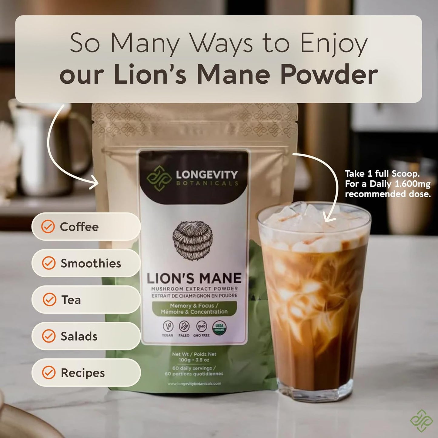 Longevity Botanicals Organic Lions Mane Mushroom Powder - 100% Fruiting Body - Enhanced Mental Clarity and Focus - 100g - BoostGo Australia