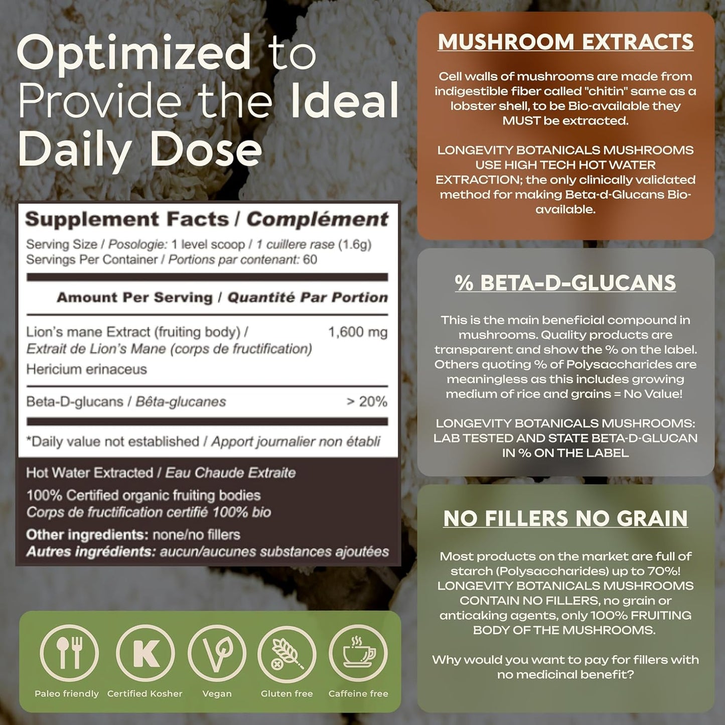 Longevity Botanicals Organic Lions Mane Mushroom Powder - 100% Fruiting Body - Enhanced Mental Clarity and Focus - 100g - BoostGo Australia