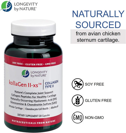Longevity by Nature KollaGen II-xs Capsules with Collagen, Glucosamine, and Chondroitin - 120 Count Dietary Supplement