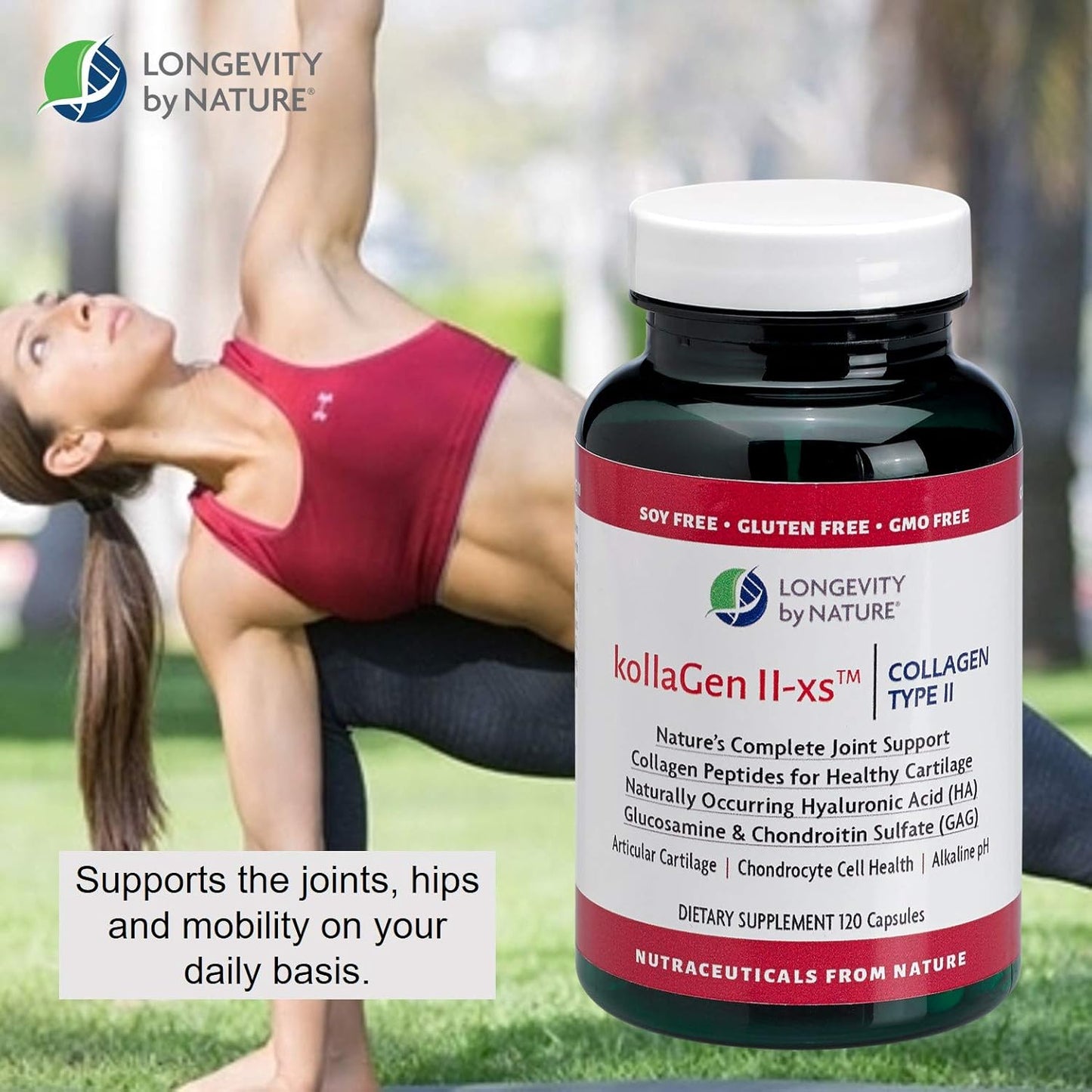 Longevity by Nature KollaGen II-xs Capsules with Collagen, Glucosamine, and Chondroitin - 120 Count Dietary Supplement