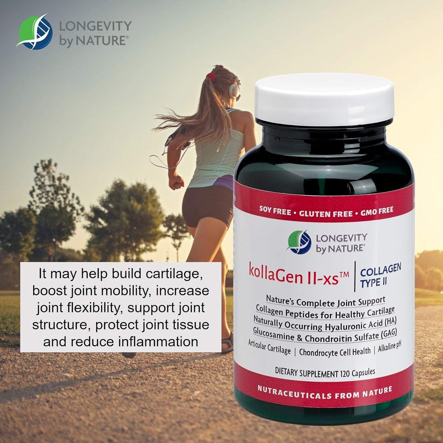 Longevity by Nature KollaGen II-xs Capsules with Collagen, Glucosamine, and Chondroitin - 120 Count Dietary Supplement