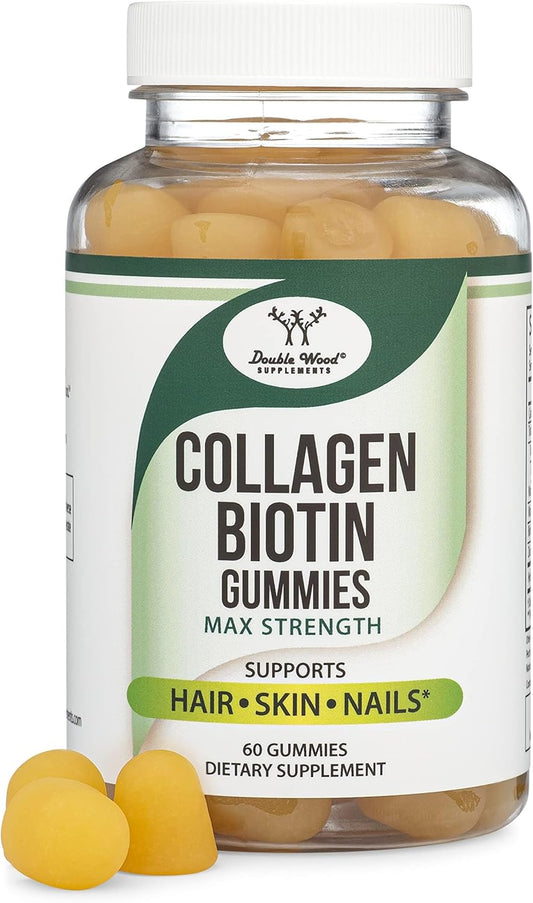 Longevity Support Collagen Gummies for Women and Men - Max Strength Hair, Skin, and Nails Vitamins with Biotin, Vitamin C, Zinc, and Vitamin E - Non-GMO - 60 Count by Double Wood