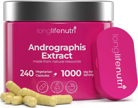 LongLifeNutri Andrographis Extract 1000mg - Organic Immune Health Supplement, 240 Capsules, 4-Month Supply - Advanced Formula with Andrographis Paniculata Aerial Parts