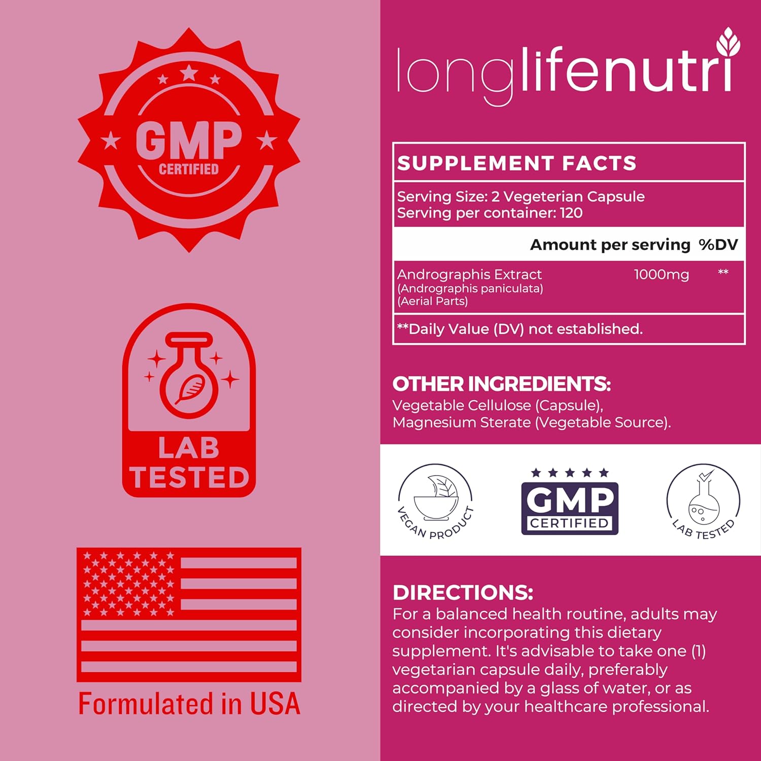 LongLifeNutri Andrographis Extract 1000mg - Organic Immune Health Supplement, 240 Capsules, 4-Month Supply - Advanced Formula with Andrographis Paniculata Aerial Parts