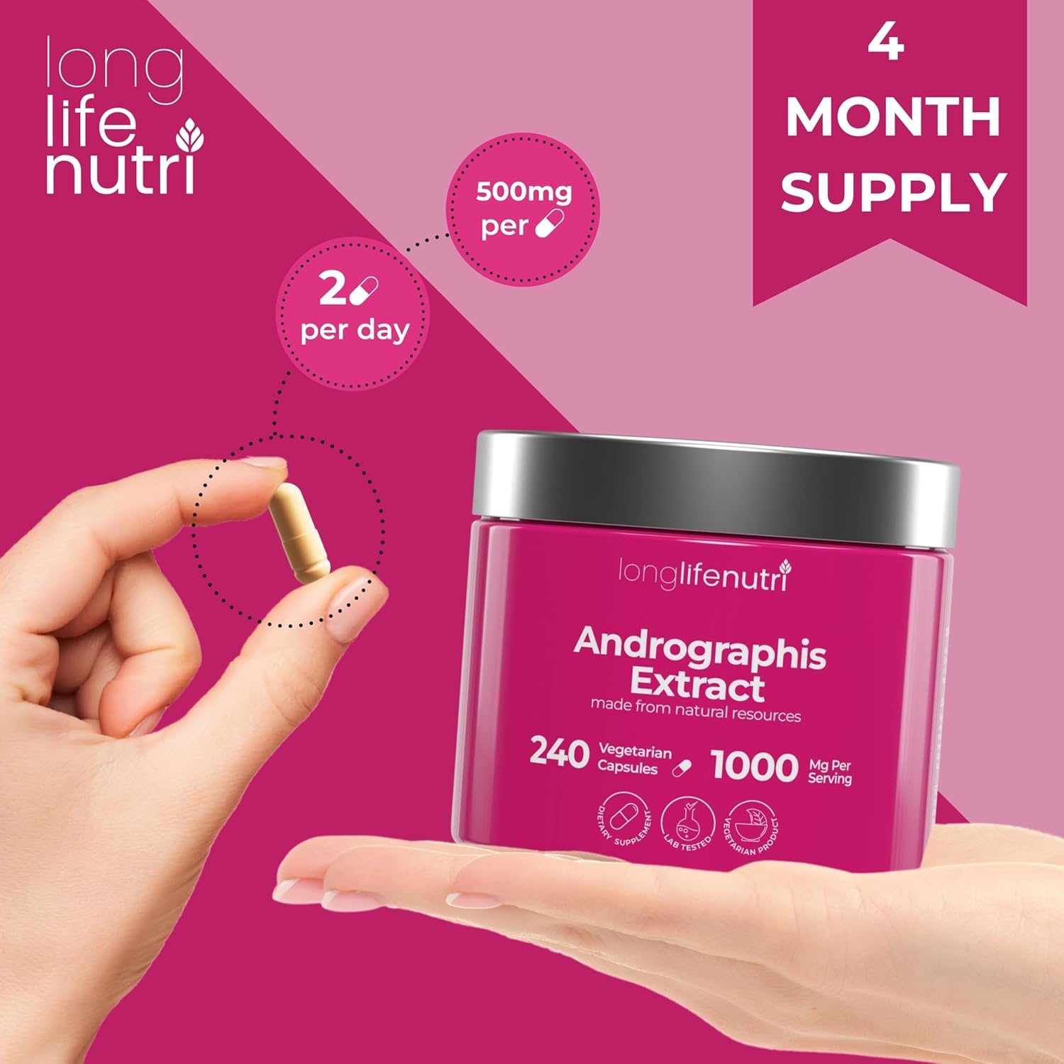 LongLifeNutri Andrographis Extract 1000mg - Organic Immune Health Supplement, 240 Capsules, 4-Month Supply - Advanced Formula with Andrographis Paniculata Aerial Parts