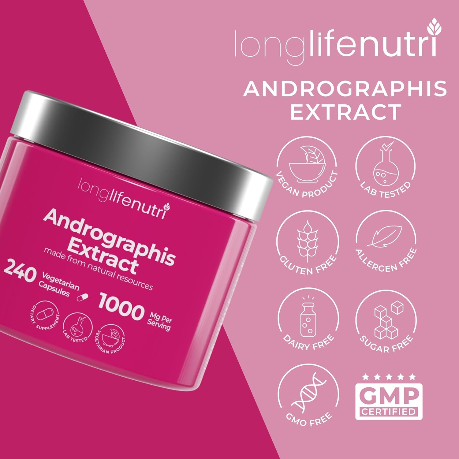 LongLifeNutri Andrographis Extract 1000mg - Organic Immune Health Supplement, 240 Capsules, 4-Month Supply - Advanced Formula with Andrographis Paniculata Aerial Parts