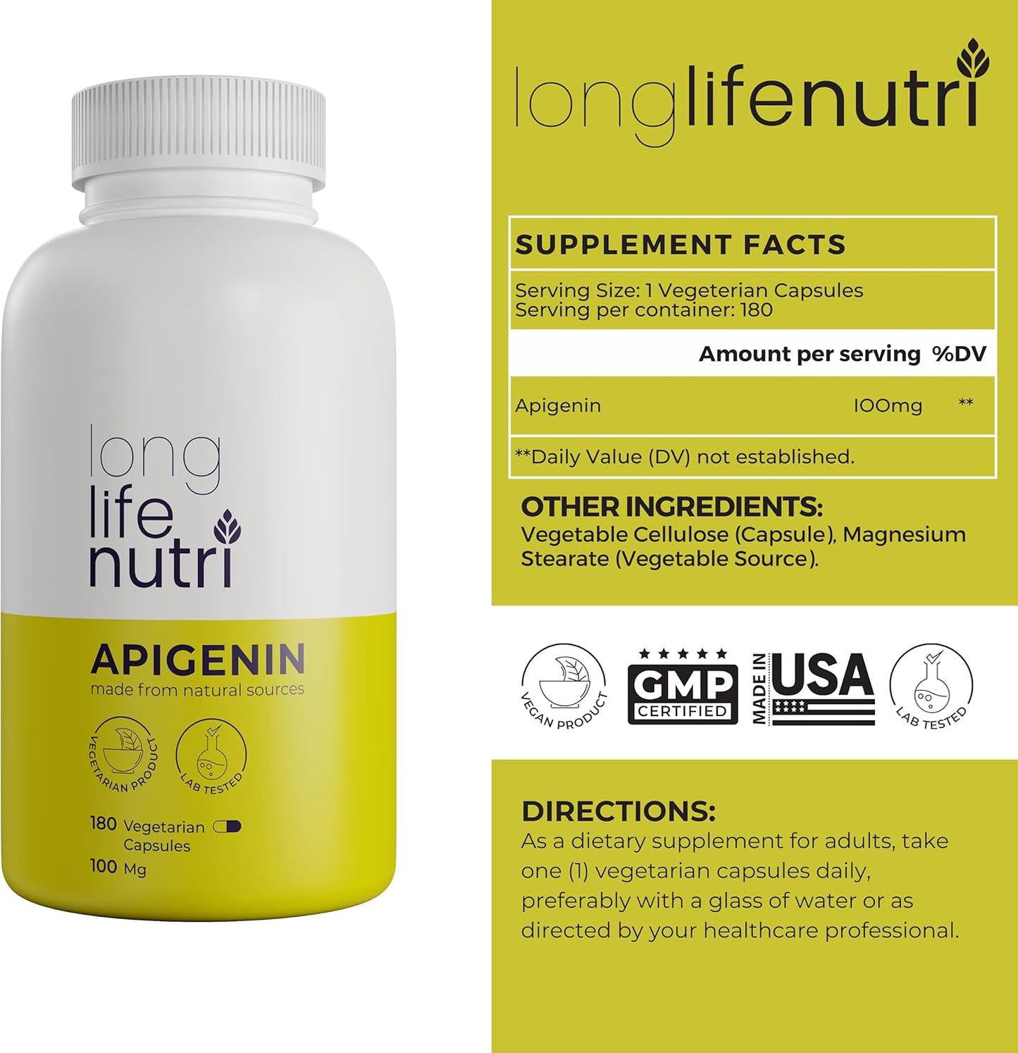 LongLifeNutri Chamomile Extract Apigenin Supplement 100mg | 180 Vegetarian Capsules for Prostate Health | Herbal Complex for Sleep, Stress, and Mood | Bioflavonoid Powder Pill