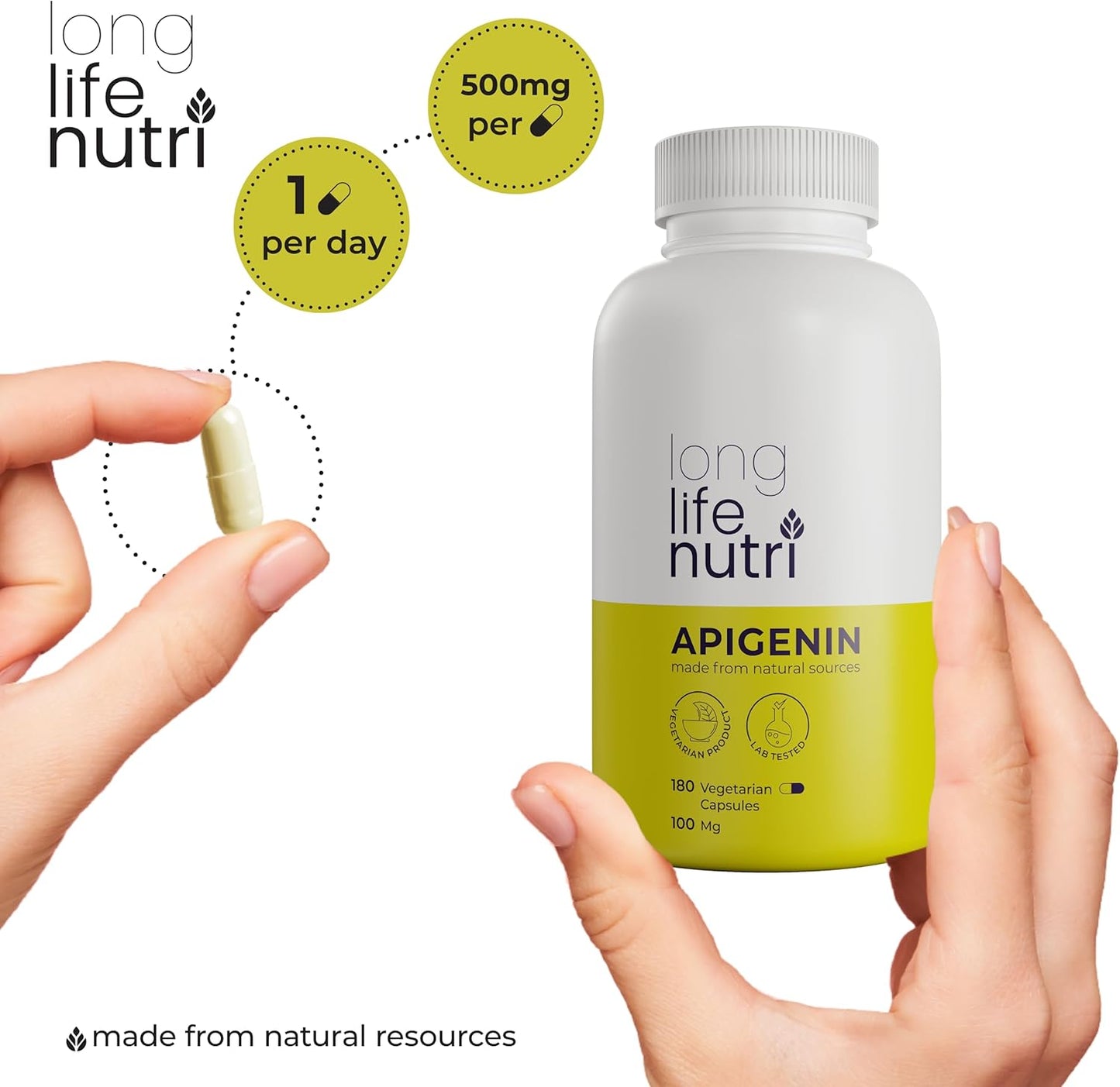 LongLifeNutri Chamomile Extract Apigenin Supplement 100mg | 180 Vegetarian Capsules for Prostate Health | Herbal Complex for Sleep, Stress, and Mood | Bioflavonoid Powder Pill