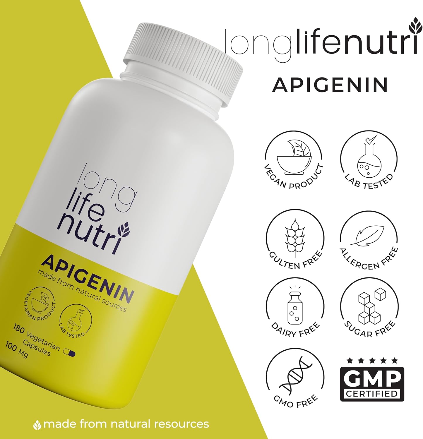 LongLifeNutri Chamomile Extract Apigenin Supplement 100mg | 180 Vegetarian Capsules for Prostate Health | Herbal Complex for Sleep, Stress, and Mood | Bioflavonoid Powder Pill