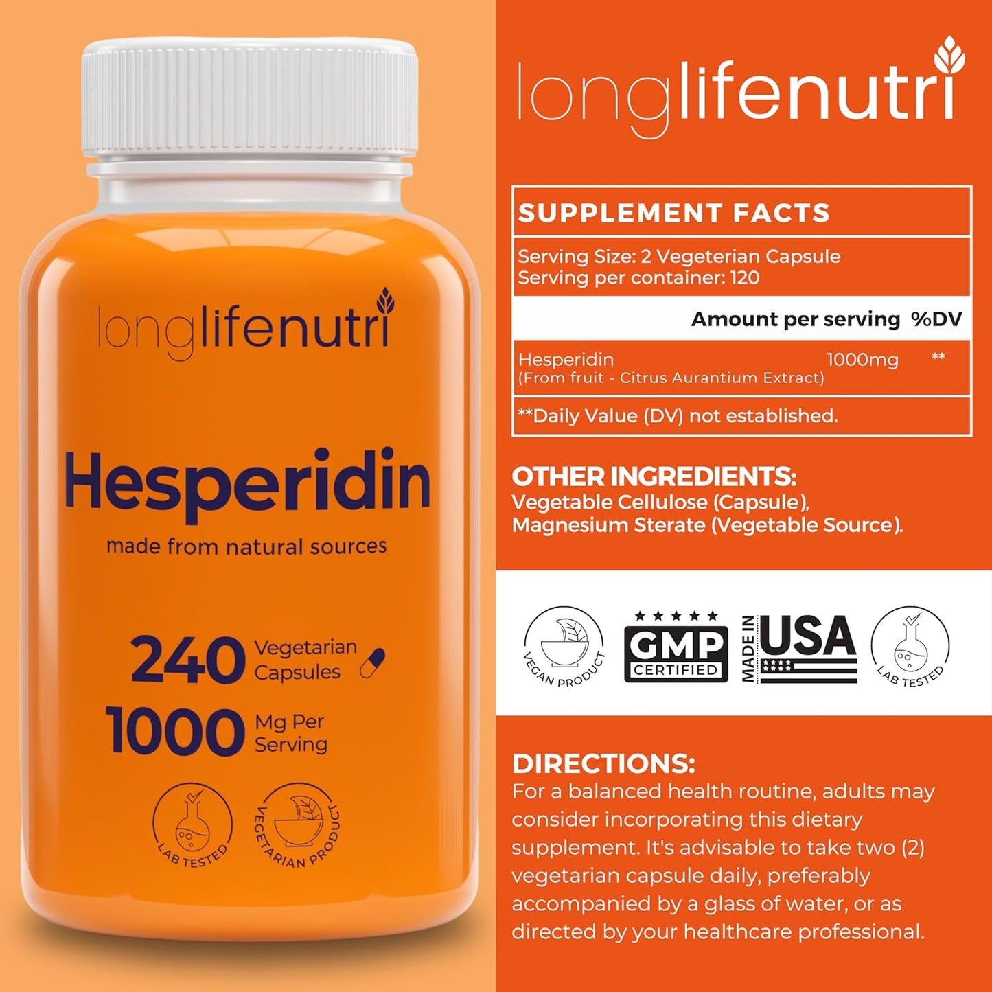 LongLifeNutri Hesperidin Capsules - 1000mg, 240 Count - Cardiovascular Health & Immune Support - USA-Made - Antioxidant & Vascular Benefits