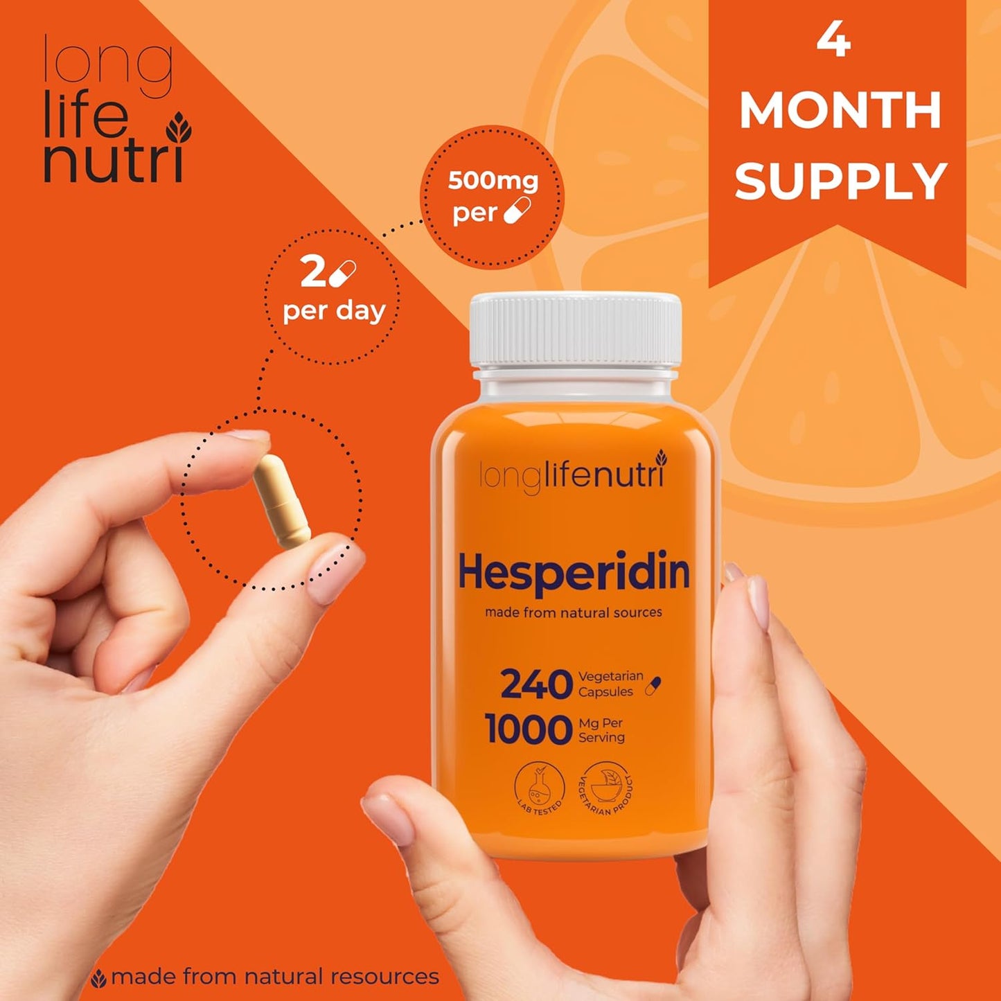 LongLifeNutri Hesperidin Capsules - 1000mg, 240 Count - Cardiovascular Health & Immune Support - USA-Made - Antioxidant & Vascular Benefits