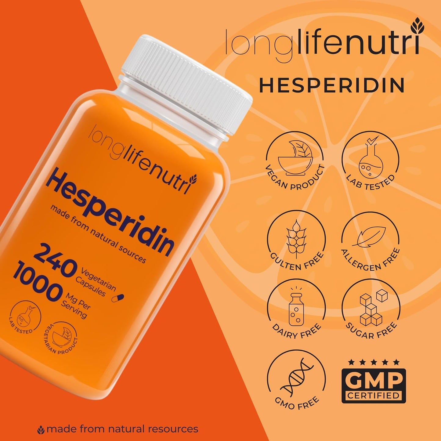 LongLifeNutri Hesperidin Capsules - 1000mg, 240 Count - Cardiovascular Health & Immune Support - USA-Made - Antioxidant & Vascular Benefits