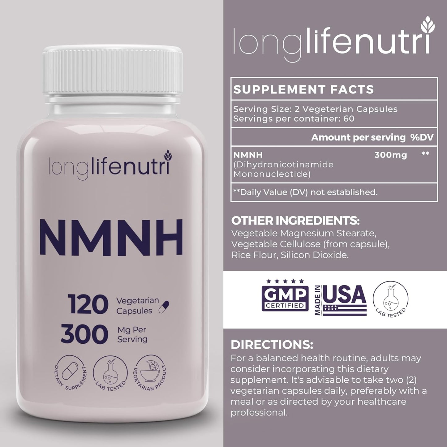 LongLifeNutri NMNH 300mg - 120 Vegan Capsules, 2-Month Supply, NAD Supplement for Energy & Longevity, Made in USA