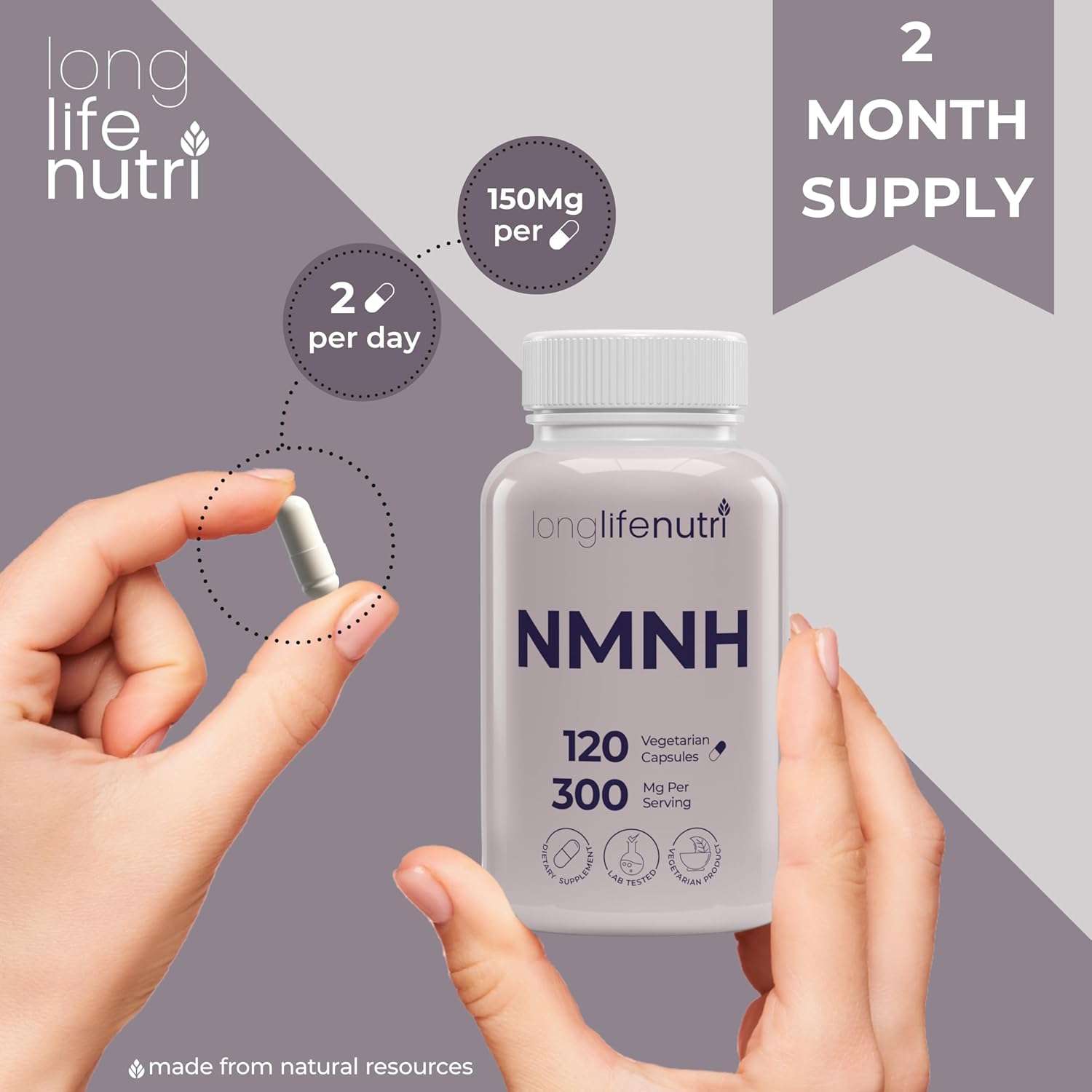 LongLifeNutri NMNH 300mg - 120 Vegan Capsules, 2-Month Supply, NAD Supplement for Energy & Longevity, Made in USA