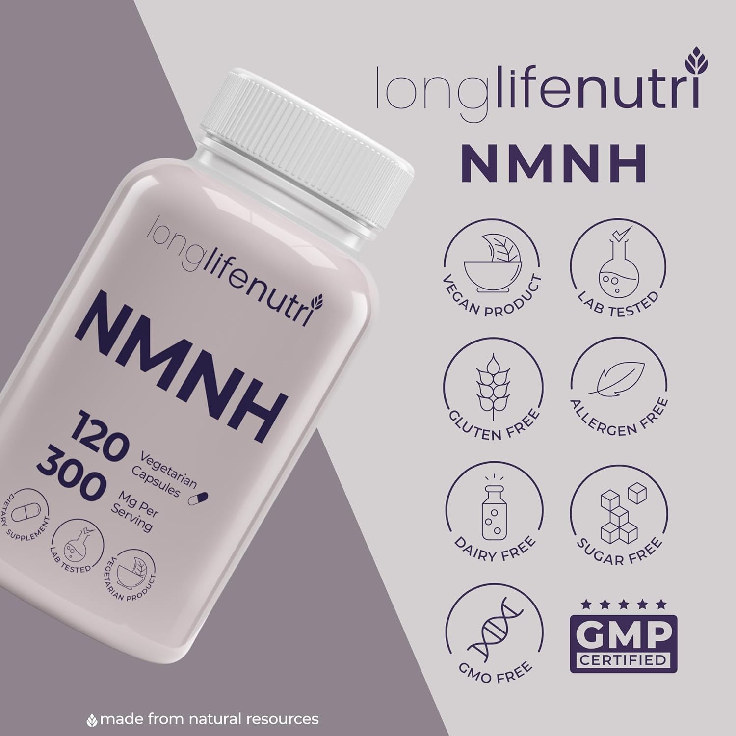 LongLifeNutri NMNH 300mg - 120 Vegan Capsules, 2-Month Supply, NAD Supplement for Energy & Longevity, Made in USA