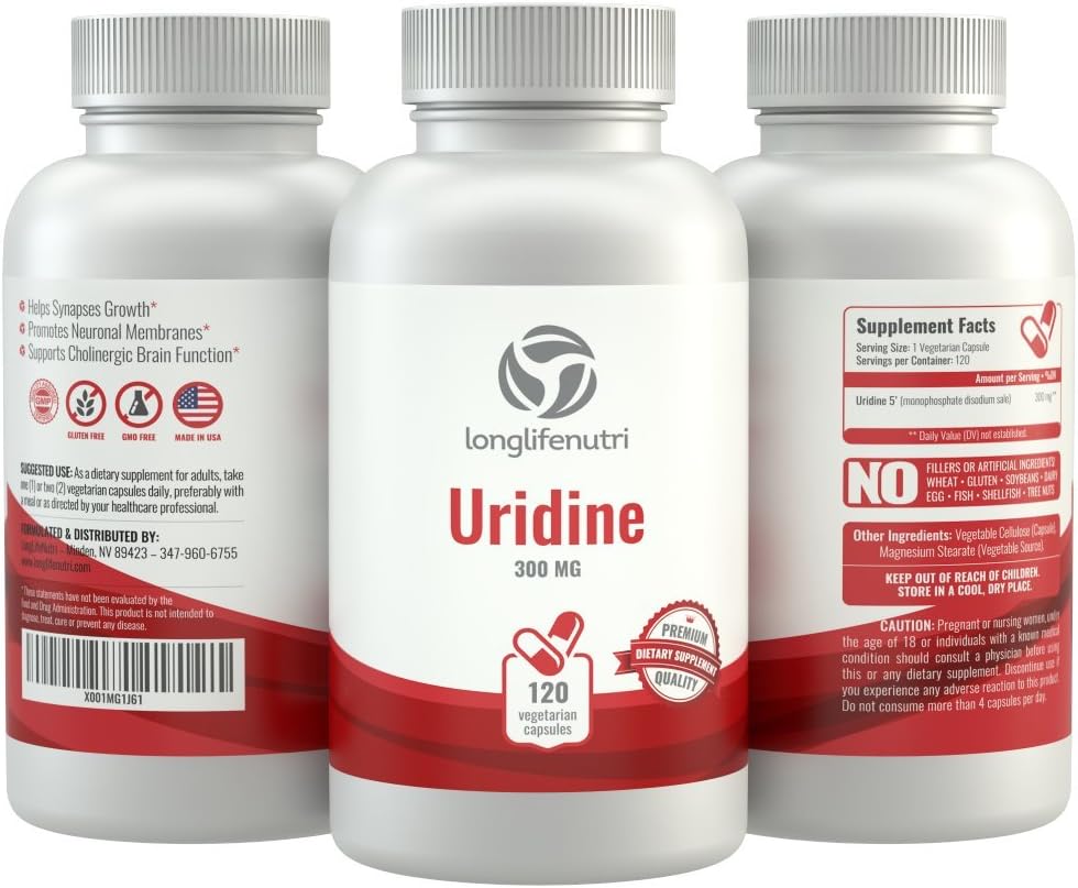 LongLifeNutri Uridine Monophosphate 300mg - 120 Veg Caps | USA-Made Brain & Memory Choline Enhancer | Supports Synapses Growth & Cognitive Health